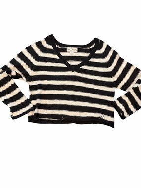 Wildfox Distressed Black & Cream Striped V-Neck Cropped Sweater